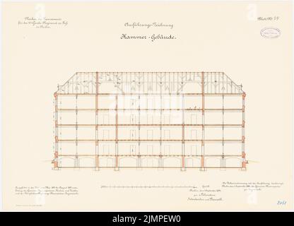 Schönhal, caserne du vestiaire 4th à pied, Berlin-Moabit (1891-1893): Bâtiment de chambre: Section longitudinale 1: 100. Lithographie colorée sur le carton, 47,6 x 66,1 cm (y compris les bords de balayage) Schönhal : Kaserne des 4. Gardéariments zu Fuß, Berlin-Moabit Banque D'Images