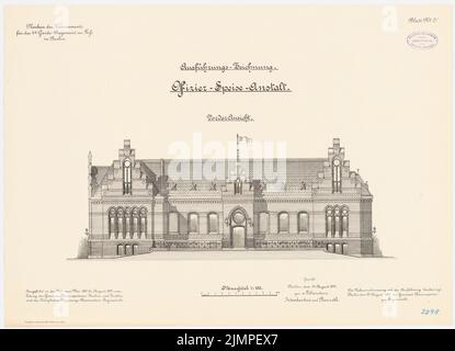 Schönhal, caserne du vestiaire 4th à pied, Berlin-Moabit (1891-1893): Alimentation des officiers: Vue de face 1: 100. Lithographie colorée sur le carton, 47,9 x 66,3 cm (y compris les bords de balayage) Schönhal : Kaserne des 4. Gardéariments zu Fuß, Berlin-Moabit Banque D'Images