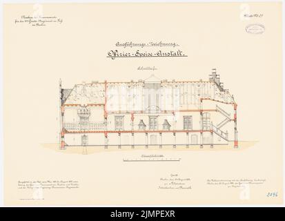 Schönhal, caserne du vestiaire de 4th à pied, Berlin-Moabit (1891-1893): Institution d'alimentation des officiers: Section longitudinale 1: 100. Lithographie colorée sur le carton, 48,4 x 66,5 cm (y compris les bords de balayage) Schönhal : Kaserne des 4. Gardéariments zu Fuß, Berlin-Moabit Banque D'Images