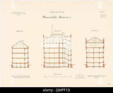 Schönhal, casernes du vestiaire 4th à pied, Berlin-Moabit (1891-1893): Casernes d'équipe 1: Sections transversales 1: 100. Lithographie colorée sur la boîte, 66,8 x 86,5 cm (y compris les bords de balayage) Schönhal : Kaserne des 4. Gardéariments zu Fuß, Berlin-Moabit Banque D'Images