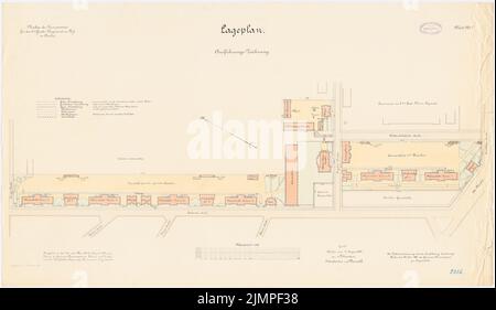 Schönhal, caserne du vestiaire 4th à pied, Berlin-Moabit (1891-1893): Plan du site 1: 1000. Lithographie colorée sur la boîte, 58,4 x 100,6 cm (y compris les bords de balayage) Schönhal : Kaserne des 4. Gardéariments zu Fuß, Berlin-Moabit Banque D'Images