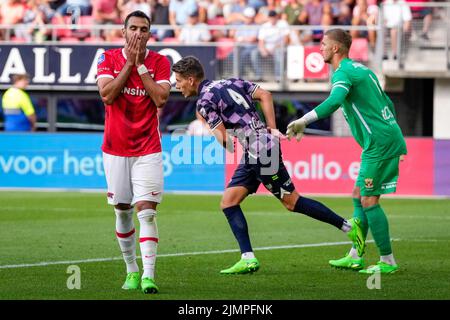 ALKMAAR, PAYS-BAS - AOÛT 7 : Vangelis Pavlidis d'AZ Alkmaar semble abattu lors du match néerlandais entre AZ Alkmaar et les aigles Vas-y au Stadion de l'AFAS sur 7 août 2022 à Alkmaar, pays-Bas (photo de Patrick Goosen/Orange Pictures) Banque D'Images