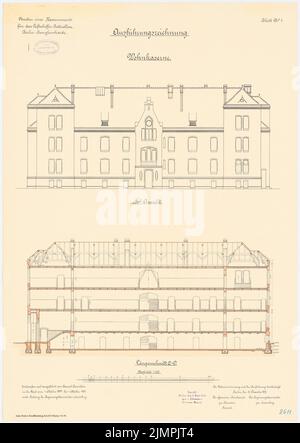 Feuerstein, casernes pour le bataillon de navires aériens, Berlin-Jungfernheide (1896-1901): Wohnkaserne: Section longitudinale vue fixe 1: 100. Lithographie colorée sur le carton, 73,9 x 52,5 cm (y compris les bords de balayage) Feuerstein : Kaserne für das Luftschiffer-Bataillon, Berlin-Jungfernheide Banque D'Images