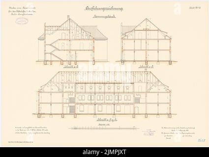 Feuerstein, casernes pour le bataillon de navires aériens, Berlin-Jungfernheide (1896-1901): Bâtiment de chambre: Section longitudinale sections transversales 1: 100. Lithographie colorée sur la boîte, 52 x 73,8 cm (y compris les bords de balayage) Feuerstein : Kaserne für das Luftschiffer-Bataillon, Berlin-Jungfernheide Banque D'Images