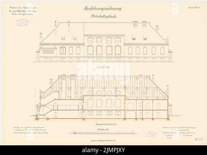 Feuerstein, casernes pour le bataillon de navires aériens, Berlin-Jungfernheide (1896-1901): Construction de ferme: Vue arrière de la section longitudinale 1: 100. Lithographie colorée sur le carton, 51,8 x 73,8 cm (y compris les bords de balayage) Feuerstein : Kaserne für das Luftschiffer-Bataillon, Berlin-Jungfernheide Banque D'Images