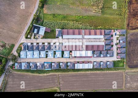 Vue aérienne du toit du village de logement parmi la nature en campagne en banlieue Banque D'Images