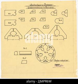 Lehmmübner Paul (1855-1916), Health and Siechenhaus in Brüssow. Projet d'exécution valide (14 avril 1900) : compilation des pierres de profil. Encre sur transparent, 35 x 34,4 cm (y compris les bords de balayage) Lehmgrübner Paul (1855-1916): Kranken- und Siechenhaus, Brüssow. Führungsentwurf Banque D'Images