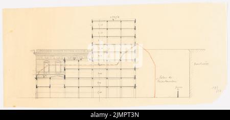 Poelzig Hans (1869-1936), augmentation de l'hôtel Kaiserhof ou tour en hauteur sur la propriété Wilhelmstraße 78, Berlin (1926): Wilhelmstr. 78, Kaiserhof, coupé avec le cadre du contour des bâtiments voisins. Crayon et crayon de couleur sur transparent, 24,5 x 51,3 cm (y compris les bords) Poelzig Hans (1869-1936): Aufstockung des Hotels Kaiserhof bzw. Hochhaus auf dem Grundstück Wilhelmstraße 78, Berlin-Mitte Banque D'Images