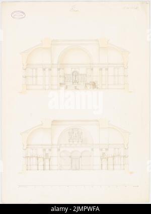 Salzenberg Wilhelm (1803-1887), Petrikirche à Berlin (1844) : 2 sections transversales. Tusche aquarelle sur papier, 65 x 48,2 cm (y compris les bords de numérisation) Salzenberg Wilhelm (1803-1887): Petrikirche, Berlin Banque D'Images