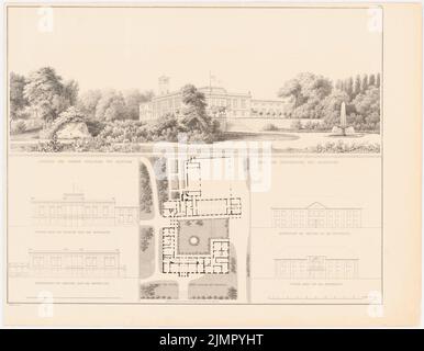 Schinkel Karl Friedrich (1781-1841), collection de dessins architecturaux, Berlin 1858. Château de Klein-Glienicke à Berlin-Zehlendorf (1814): Vue en perspective, site, plan d'étage, vues. Couture sur papier, 41,8 x 53,9 cm (y compris les bords de balayage) Schinkel Karl Friedrich (1781-1841): Sammlung Architektonischer Entwürfe, Berlin 1858. Schloss Klein-Glienicke, Berlin-Zehlendorf Banque D'Images