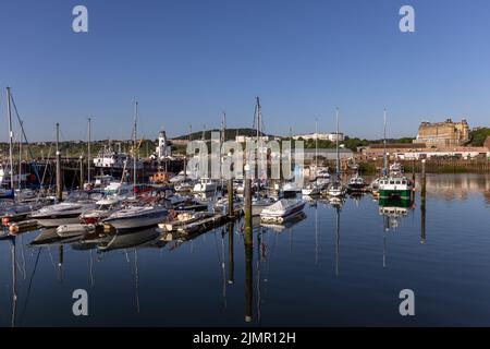 Bateaux et yachts amarrés dans le port de Scarborough sur la côte du North Yorkshire en Angleterre, lors d'une magnifique matinée d'été. Banque D'Images