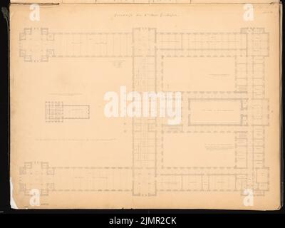 Rickert Bruno (décédé en 1878), concours de l'Académie des arts Schinkel 1855 (1855): Plan d'étage étage étage, 2nd étage (auditorium et pavillon); bar à échelle. Tuche aquarelle sur la boîte, 58,3 x 77,8 cm (y compris les bords de balayage) Rickert Bruno (Gest. 1878): Akademie der Künste. Schinkelwettbewerb 1855 Banque D'Images