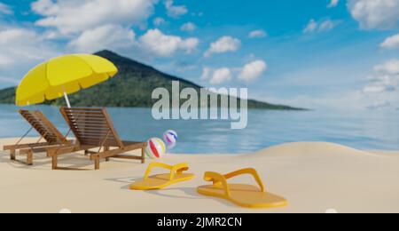 chaussures orange sur la plage avec ciel bleu, temps de ralax à la plage, 3d rendu d'illustration Banque D'Images