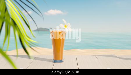 jus d'orange sur une table en bois avec belle plage en sumer, 3d images de rendu Banque D'Images