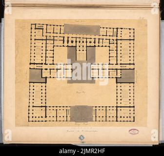 Hude Hermann von der (1830-1908), hôtel de ville de Berlin (hôtel de ville rouge). Compétition Schinkel 1857 (1857): Plan d'étage étage étage intermédiaire; barre d'échelle. Tuche aquarelle sur transparent, 58,5 x 65,6 cm (y compris les bords du scan) Hude Hermann von der (1830-1908): Berliner Rathaus (Rotes Rathaus). Schinkelwettbewerb 1857 Banque D'Images