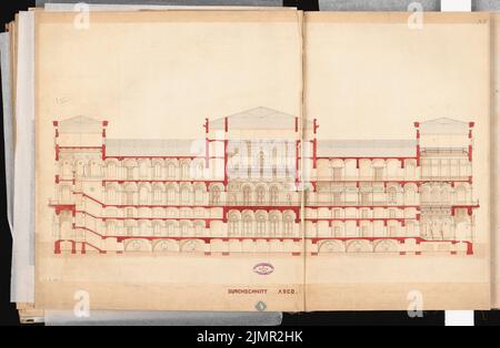 Hude Hermann von der (1830-1908), hôtel de ville de Berlin (hôtel de ville rouge). Concours Schinkel 1857 (1857) : coupe croisée à travers le hoppage intérieur. Tuche aquarelle sur la boîte, 66 x 101 cm (y compris les bords de balayage) Hude Hermann von der (1830-1908): Berliner Rathaus (Rotes Rathaus). Schinkelwettbewerb 1857 Banque D'Images