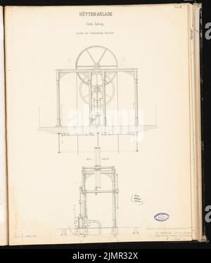 Prêté Alfred (1836-1915), système de haut fourneau avec un chemin de fer de raccordement. Concours Schinkel 1863 (1863): Ascenseur de Gritch: Vue latérale et coupe transversale du RISS; barre d'échelle. Encre sur carton, 64,5 x 54,6 cm (y compris les bords de balayage) Lent Alfred (1836-1915): Hochofenanlage mit Verbindungsbahn. Schinkelwettbewerb 1863 Banque D'Images