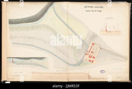 Prêté Alfred (1836-1915), système de haut fourneau avec un chemin de fer de raccordement. Concours Schinkel 1863 (1863): Plan du site, profil tout-terrain 1: 1250; échelle. Encre sur carton, 64,8 x 101,9 cm (y compris les bords de balayage) Lent Alfred (1836-1915): Hochofenanlage mit Verbindungsbahn. Schinkelwettbewerb 1863 Banque D'Images