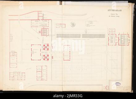 Prêté Alfred (1836-1915), système de haut fourneau avec un chemin de fer de raccordement. Concours Schinkel 1863 (1863): Plan du site des bâtiments; échelle bar. Encre sur carton, 64 x 93,8 cm (y compris les bords de balayage) Lent Alfred (1836-1915): Hochofenanlage mit Verbindungsbahn. Schinkelwettbewerb 1863 Banque D'Images