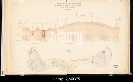 Prêté Alfred (1836-1915), système de haut fourneau avec un chemin de fer de raccordement. Concours Schinkel 1863 (1863): Ligne de chemin de fer: Plan du site, profil hors route; 2 bandes d'échelle. Tuche aquarelle sur la boîte, 59,9 x 105,1 cm (y compris les bords de balayage) Lent Alfred (1836-1915): Hochofenanlage mit Verbindungsbahn. Schinkelwettbewerb 1863 Banque D'Images