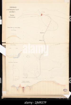 Prêté Alfred (1836-1915), système de haut fourneau avec un chemin de fer de raccordement. Concours Schinkel 1863 (1863): Ligne de chemin de fer: Plan du site, profil hors route. Tuche aquarelle sur la boîte, 91,8 x 65,3 cm (y compris les bords de balayage) Lent Alfred (1836-1915): Hochofenanlage mit Verbindungsbahn. Schinkelwettbewerb 1863 Banque D'Images