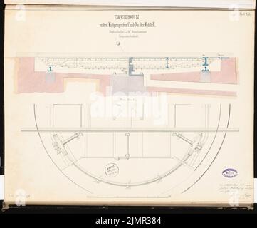 Prêté Alfred (1836-1915), système de haut fourneau avec un chemin de fer de raccordement. Compétition Schinkel 1863 (1863): Plateau tournant: (Moitié) plan de sol, section longitudinale; barre d'échelle. Tuche aquarelle sur la boîte, 52,6 x 63,3 cm (y compris les bords de balayage) Lent Alfred (1836-1915): Hochofenanlage mit Verbindungsbahn. Schinkelwettbewerb 1863 Banque D'Images