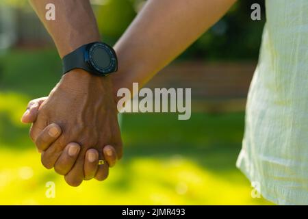 Image rognée d'un homme biracial âgé portant une montre-bracelet tenant la main de sa femme senior dans le parc Banque D'Images