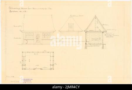 Barth Erwin (1880-1933), Lindenhof bureau de pays à Warnsdorf près de Travemünde (21 juin 1911): 2 vues, 1 coupes, 1 plan d'étage du hangar à bateaux 1:50, en partie avec les dimensions, la désignation des pièces individuelles, les informations de conception. Crayon sur transparent, 35,1 x 54,8 cm (y compris les bords de balayage) Barth Erwin (1880-1933): Landsitz Lindenhof, Warnsdorf Banque D'Images