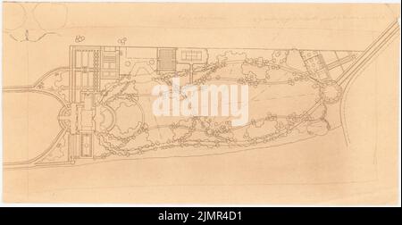 Barth Erwin (1880-1933), Lindenhof Lindenhof à Warnsdorf près de Travemünde (1910-1910): Jardin du pays siège dans le plan d'étage avec le réglage des axes visuels (section de la plaque ronde de Inv.-No 40551), 1: 1000, esquisse secondaire d'un Gelä. Crayon sur une pause sur la boîte, 25,4 x 49,1 cm (y compris les bords de balayage) Barth Erwin (1880-1933): Landsitz Lindenhof, Warnsdorf Banque D'Images