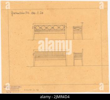 Barth Erwin (1880-1933), Lindenhof bureau de pays à Warnsdorf près de Travemünde (1910-1910): 2 types de bancs de jardin dans la vue de face et de côté 1:20. Crayon sur transparent, 25,3 x 29,7 cm (y compris les bords de balayage) Barth Erwin (1880-1933): Landsitz Lindenhof, Warnsdorf Banque D'Images