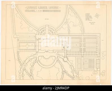 Barth Erwin (1880-1933), bureau de pays Lindenhof à Warnsdorf près de Travemünde (08,1910): Jardins à la maison du siège de pays dans le plan d'étage 1: 200, barre d'échelle, désignation des parties individuelles, légende. Lithographie sur carton, 70,5 x 93,2 cm (y compris les bords de balayage) Barth Erwin (1880-1933): Landsitz Lindenhof, Warnsdorf Banque D'Images