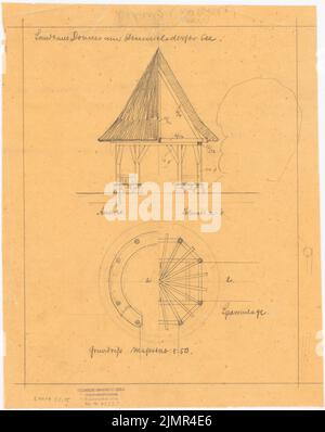 Barth Erwin (1880-1933), Lindenhof Lindenhof à Warnsdorf près de Travemünde (1910-1910): Unterschäuschen: 1 Synopse from View and Cut, 1 Synopsis fait de plan d'étage et bar et chevrons 1:50, partiellement avec les dimensions, petit côté ski. Crayon sur transparent, 42,5 x 33,8 cm (y compris les bords de balayage) Barth Erwin (1880-1933): Landsitz Lindenhof, Warnsdorf Banque D'Images