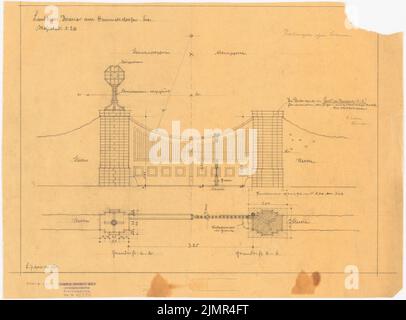 Barth Erwin (1880-1933), Lindenhof bureau de pays à Warnsdorf près de Travemünde (7 avril 1911): Porte principale avec lanterne: Vue avec section transversale montée et synopse de deux coupes horizontales 1:20, toutes avec dimensions, désignation de l'individu. Crayon sur transparent, 39,3 x 53,2 cm (y compris les bords de balayage) Barth Erwin (1880-1933): Landsitz Lindenhof, Warnsdorf Banque D'Images