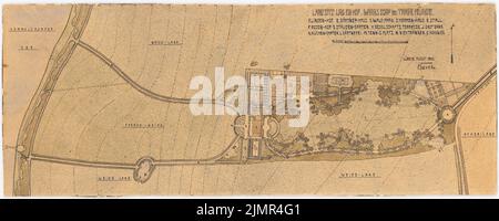 Barth Erwin (1880-1933), Lindenhof bureau de pays à Warnsdorf près de Travemünde (08,1910): Jardin et zone environnante du siège de pays dans le siège d'étage avec lignes d'altitude et dessin des axes visuels 1: 1000, barre d'échelle, désignation des parties individuelles,. Tusche et crayon de couleur aquarelle sur une pause sur la boîte, 31,4 x 78,5 cm (y compris les bords de balayage) Barth Erwin (1880-1933): Landsitz Lindenhof, Warnsdorf Banque D'Images