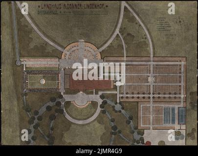 Barth Erwin (1880-1933), bureau de pays Lindenhof à Warnsdorf près de Travemünde (08,1910): Jardins à la maison du siège de pays dans le plan d'étage 1: 200, barre d'échelle, désignation des parties individuelles, légende. Aquarelle de Tusche, par lithographie sur carton, 61,7 x 83,3 cm (y compris les bords de balayage) Barth Erwin (1880-1933): Landsitz Lindenhof, Warnsdorf Banque D'Images