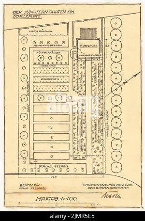 Barth Erwin (1880-1933), jardin Anna Frenkel (Jungferngarten) sur Scholzplatz (Masurenallee) à Berlin-Charlottenburg (11,1921): Plan d'étage du jardin avec des informations sur les plantes utilisées 1: 100, échelle. Crayon et encre sur transparent, 28,7 x 19,8 cm (y compris les bords de balayage) Barth Erwin (1880-1933): Garten Anna Frenkel (Jungferngarten) Am Scholzplatz (Masurenallee), Berlin-Charlottenburg Banque D'Images