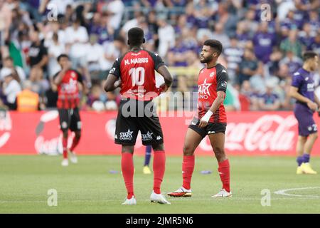 Les joueurs de RFC Seraing ont l'air abattu après un match de football entre RSCA Anderlecht et RFC Seraing, dimanche 07 août 2022 à Anderlecht, Bruxelles, le 3 e jour de la première division du championnat belge de la « Jupiler Pro League » 2022-2023. BELGA PHOTO BRUNO FAHY Banque D'Images