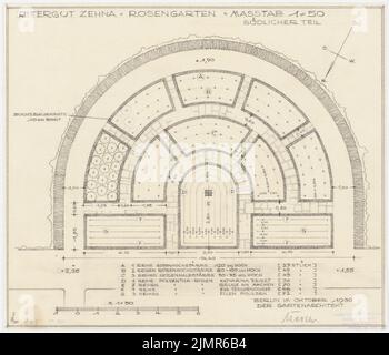 Barth Erwin (1880-1933), Rittergut Zei près de Güstrow (10,1930): Rosengarten (partie sud) dans le plan d'étage avec dimension et pavé 1: 200, barre d'échelle, légende avec descriptions des variétés et quantités. Crayon sur transparent, 33,2 x 38,7 cm (y compris les bords de balayage) Barth Erwin (1880-1933): Rittergut Zehna BEI Güstrow Banque D'Images