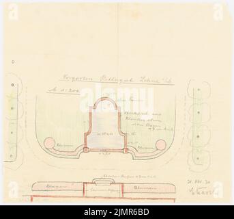 Barth Erwin (1880-1933), Rittergut Zei près de Güstrow (31 octobre 1930): Vorgarten dans la zone autour du bassin d'eau dans le plan d'étage 1: 200. Crayon, crayon de couleur sur transparent, 21,4 x 24,5 cm (y compris les bords du scan) Barth Erwin (1880-1933): Rittergut Zehna BEI Güstrow Banque D'Images