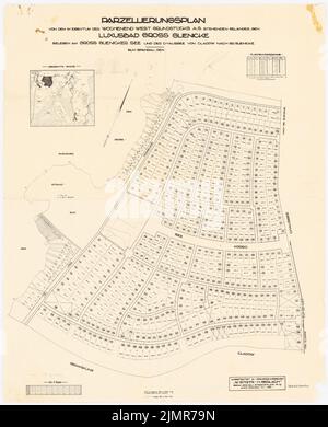 Barth Erwin (1880-1933), 'Luxury Bad Groß-Glienicke' à Berlin-Spandau (sans date): Plan de parclage (imprimé) du trimestre entier (modèle 1: 1000, impression env. 1: 2857), plan du site et espace, échelle, croquis de crayon. Crayon sur papier, 50 x 40,5 cm (y compris les bords de balayage) Barth Erwin (1880-1933): »Luxusbad Groß-Glienicke«, Berlin-Spandau Banque D'Images