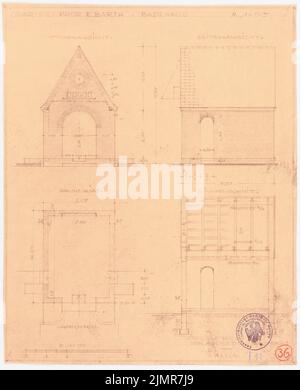 Barth Erwin (1880-1933), Barth Garden à Berlin-Steglitz (01,1933): Maison de salle de bains avec vue de face, vue latérale, plan d'étage et coupe, avec dimension 1:50, barre d'échelle, timbre. Légère rupture sur le carton, 36,2 x 29,4 cm (y compris les bords de balayage) Barth Erwin (1880-1933): Garten Barth, Berlin-Steglitz Banque D'Images