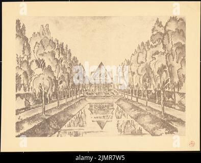 Barth Erwin (1880-1933), jardin Bergmann à Schneverdingen (1932): Vue en perspective avec vue sur le bassin d'eau de la maison. Rupture légère sur le carton, 49,6 x 65,2 cm (y compris les bords de balayage) Barth Erwin (1880-1933): Garten Bergmann, Schneverdingen Banque D'Images