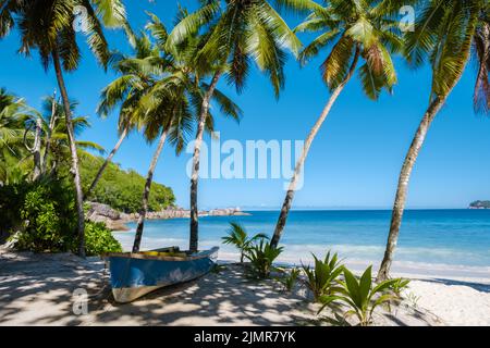 Mahé Seychelles, plage tropicale avec palmiers et un océan bleu à Mahé Seychelles Anse Takamaka plage Mahé Seychelles Banque D'Images
