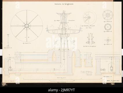 Houselle Wilhelm (1841-1910), approvisionnement en eau d'une grande ville. Concours Schinkel 1866 (1866): Springbrunnen: Coupes et détails 1:30, 1:10; 2 bandes d'échelle. Tuche aquarelle sur la boîte, 46,9 x 66,5 cm (y compris les bords de balayage) Houselle Wilhelm (1841-1910): Wasserversorgung einer großen Stadt. Schinkelwettbewerb 1866 Banque D'Images