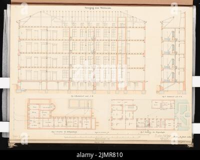 Houselle Wilhelm (1841-1910), approvisionnement en eau d'une grande ville. Compétition Schinkel 1866 (1866): Lignes pour l'approvisionnement d'une maison: Plan de sol sous-sol, rez-de-chaussée, section longitudinale, section transversale 1: 130, 1:90; 2 bandes d'échelle. Tuche aquarelle sur la boîte, 49,4 x 65,8 cm (y compris les bords de balayage) Houselle Wilhelm (1841-1910): Wasserversorgung einer großen Stadt. Schinkelwettbewerb 1866 Banque D'Images