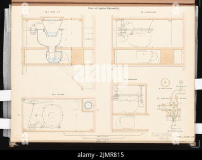 Houselle Wilhelm (1841-1910), approvisionnement en eau d'une grande ville. Concours Schinkel 1866 (1866): Lignes pour l'approvisionnement d'une maison: toilette dans plan d'étage, vue de face, vue latérale, coupe, détail 1: 5, 1: 2; 2 bandes d'échelle. Tuche aquarelle sur la boîte, 49,3 x 66 cm (y compris les bords de balayage) Houselle Wilhelm (1841-1910): Wasserversorgung einer großen Stadt. Schinkelwettbewerb 1866 Banque D'Images