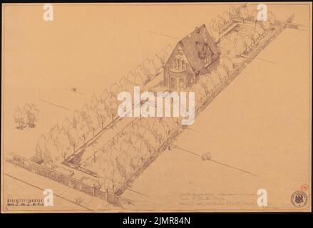 Barth Erwin (1880-1933), jardin Bergmann à Schneverdingen (1932) : vue en perspective (spectacle d'oiseaux) du jardin avec un bâtiment résidentiel. Rupture légère sur papier, 46,3 x 67,7 cm (y compris les bords de numérisation) Barth Erwin (1880-1933): Garten Bergmann, Schneverdingen Banque D'Images