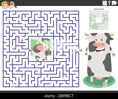 Jeu de labyrinthe avec la vache mère de dessin animé et petit veau mignon Banque D'Images