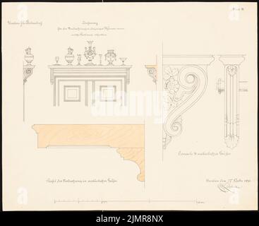 Lüdecke Carl Johann Bogislaw (1826-1894), bâtiment résidentiel majestueux à Belmsdorf. Conversion (11/17/1876): Toiture de porte (porte-portail) en vue avant et vues latérales - échelle 1:10, aussi coupe transversale 1: 1 et console en vue avant et. Encre, crayon aquarelle sur la boîte, 44,6 x 54,6 cm (y compris les bords du scan) Lüdecke Carl Johann Bogislaw (1826-1894): Herrschaftliches Wohnhaus, Belmsdorf. Umbau Banque D'Images