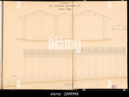 Büttner Carl, chantier naval pour les navires marchands à l'embouchure d'une rivière sans marées. Compétition Schinkel 1864 (1864): Abattage couvert pour les navires en bois: Coupe longitudinale, section transversale 1:80; barre d'échelle. Tuche aquarelle sur la boîte, 63,9 x 90,5 cm (y compris les bords de balayage) Büttner Carl : Werft für Handelsschiffe an einer Flussmündung ohne Gezeiten. Schinkelwettbewerb 1864 Banque D'Images